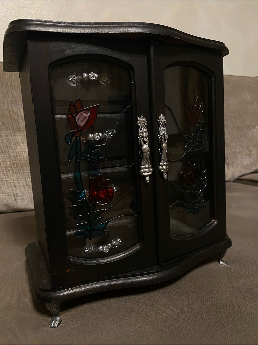 Vintage Hand Painted Black Wooden Jewelry Armoire with Stained Glass Doors